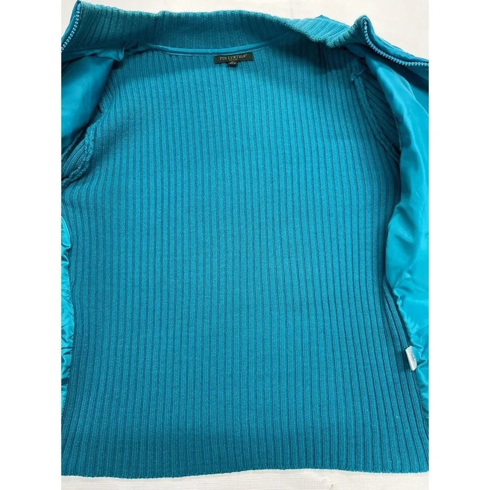 Vintage For Cynthia Petite Women's Teal Quilted Knit‎ Zip Sweater Jacket Size PL